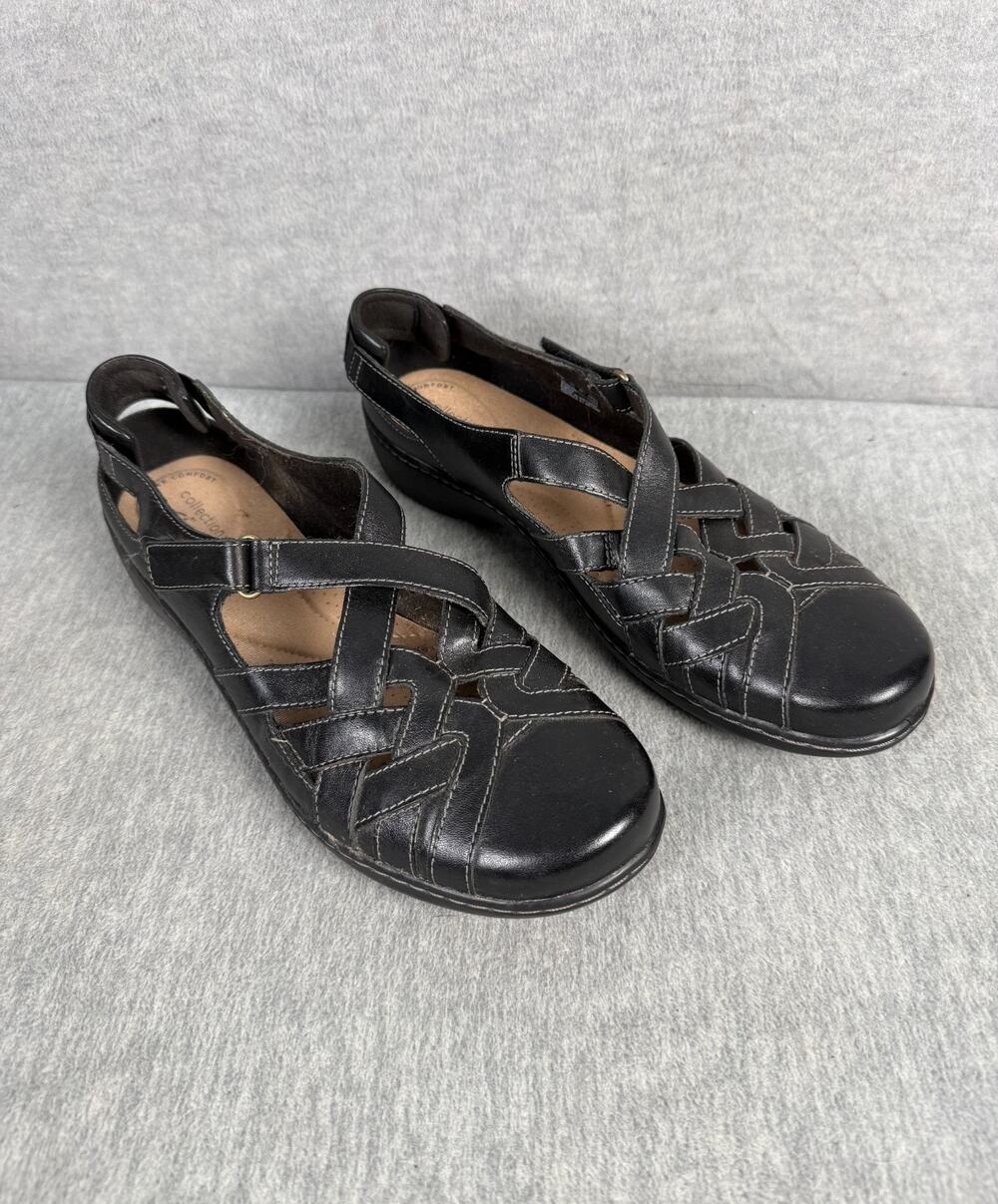 Clarks Collection 11 M Cora Dream Flats Black Leather Loafers Comfort Shoes